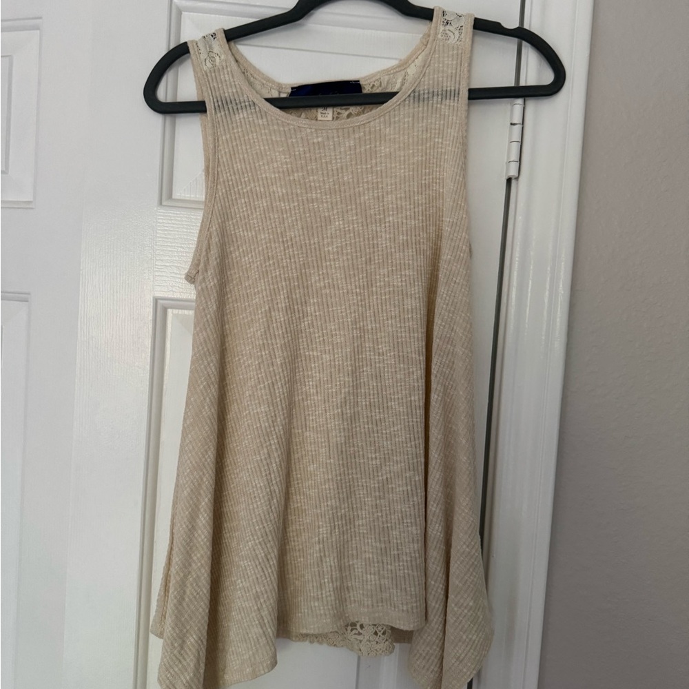 Blue Rain Cream Sleeveless Tank Top with Lace Back